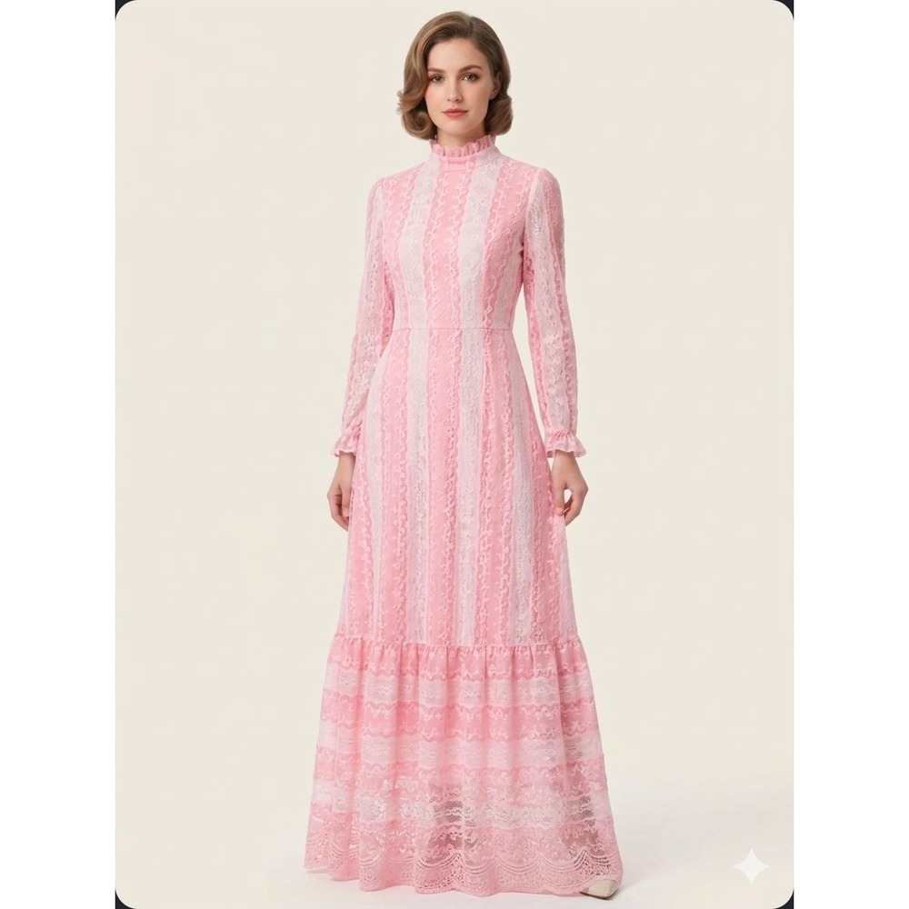 Vintage Sakowitz Pink Maxi Dress 14 (Size 4) Lace Prairie Ruffle Gown Victorian